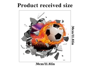 Detailed size chart for 3D broken wall soccer sticker with flaming ball and stadium design