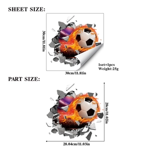 Size specifications for 3D broken wall soccer wall sticker with burning football design