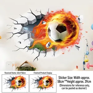 Detail view of 3D fire soccer wall sticker dimensions and visual crack effect layout