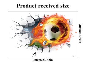 Detailed dimension guide for 3D broken wall soccer sticker showing 60x40cm size