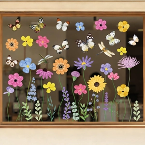 Vibrant spring garden static window clings with colorful butterflies and flowers