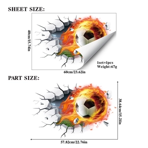 3D visual broken wall soccer sticker dimensions and sheet size detail specification