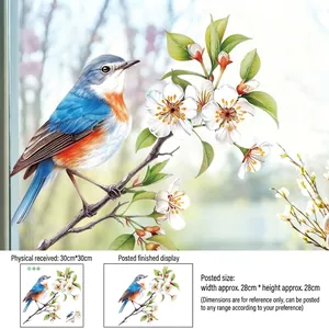 Close-up of bird and white flower window decal with 30x30cm size specifications