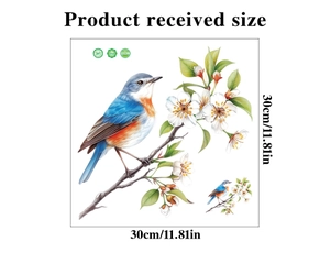 Detail view of bird and white blossom wall sticker measuring 30x30cm for home decor