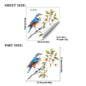 Self-adhesive spring wall sticker with bird on floral branch, sheet size 30x30cm
