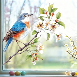 Detail of vibrant bird sticker on flowering branch for window and wall decoration