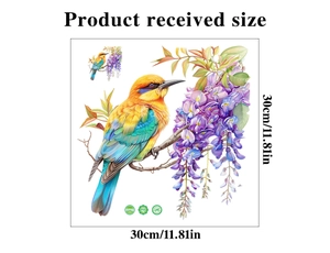 Detail of PVC wall sticker with kingfisher and wisteria flowers measuring 30x30cm