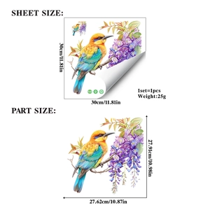 Colorful sparrow and wisteria wall decal showing sheet and finished display dimensions