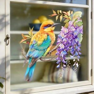 Vibrant colorful sparrow perched on purple wisteria flowers on a glass window