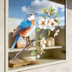 Spring branch bird window sticker with colorful bird and white flowers for home decor
