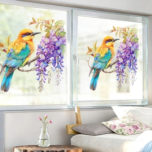 Detail of watercolor bird and wisteria flower wall stickers on a glass window surface