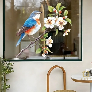Realistic spring wall sticker featuring colorful birds and blooming white flower branches