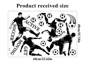 Detailed size specification for soccer wall decal showing 60x40cm dimensions and silhouettes