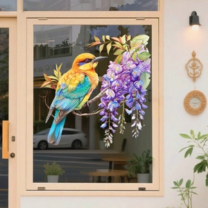 Colorful bird and purple wisteria flower glass wall sticker for home decoration
