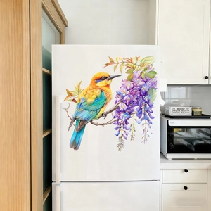 Colorful bird and flower wall stickers on white refrigerator door for home kitchen decor