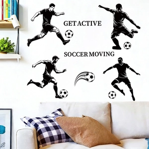 Dynamic soccer player silhouette wall stickers with footballs for living room decor