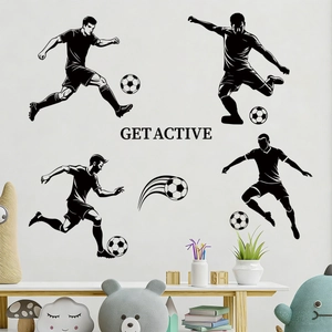 Detailed view of World Cup football silhouette wall stickers with Get Active text on white wall