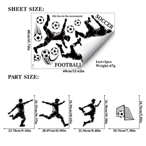 Detailed size chart for soccer player silhouette wall decals including 40x60cm dimensions