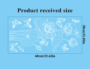 Layout diagram of white butterfly and lotus window decals measuring 60cm by 30cm