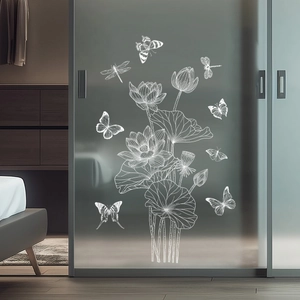 Detailed white line art of lotus and butterfly stickers on a frosted glass door