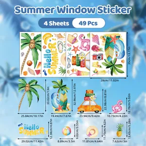 Size chart showing summer static window decals including coconut trees and flamingos