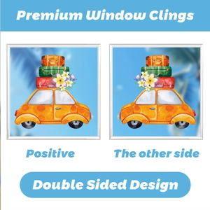 Double-sided window cling showing yellow car with suitcases and tropical flowers
