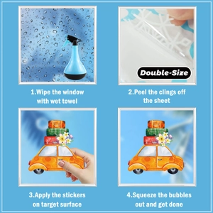 Instructional detail of double-sided car and snowflake window stickers for glass decor