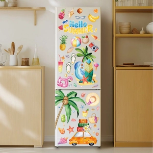 Detail of Hello Summer themed static stickers with coconut trees and car on glass door