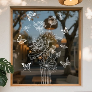 White butterfly and lotus static stickers for glass window decoration in home and shops
