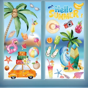 Detail of static summer window stickers with tropical palm trees and flamingo pool floats