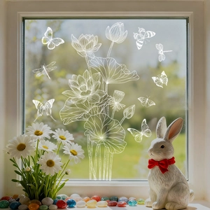 White line-drawn lotus and butterfly static window stickers for elegant home glass decoration