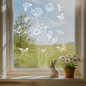 Detailed white line art window decals of lotus flowers and butterflies on glass pane