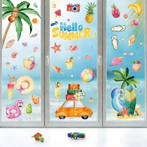 Cartoon coconut tree and beach theme static window stickers for summer glass decoration