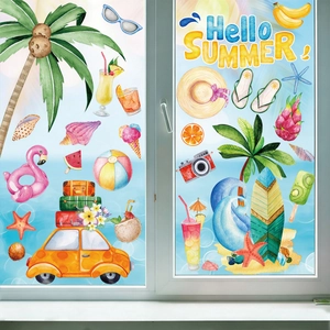 Close-up of summer window stickers featuring tropical coconut trees and beach car icons