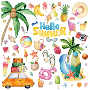Macro detail of summer beach watercolor stickers with palm trees and tropical elements