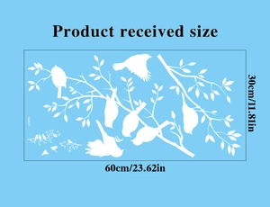 Layout details of white bird and branch static window stickers with 60x30cm size specs