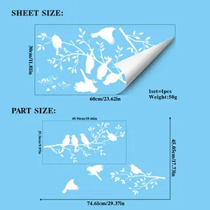 Size chart showing dimensions for white bird and branch static window stickers