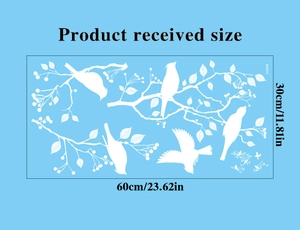 Detail view showing 60x30cm layout of white bird and tree branch static glass window stickers