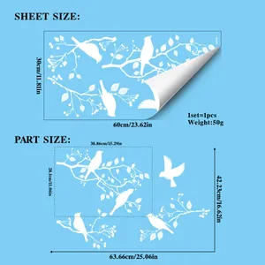 Size guide for white bird and tree branch static window clings, 30x60cm sheet details