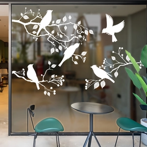White silhouette bird and tree branch static window film for seasonal glass decoration