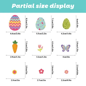 Size guide for Easter window clings showing dimensions for bunny, eggs and carrots