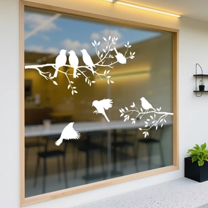 White flying birds and tree branches static window film for modern home wall decoration