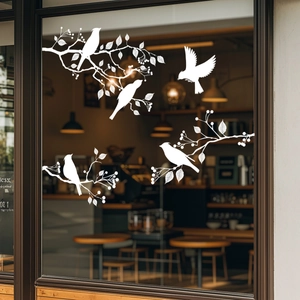 White silhouette birds and tree branches static window film for decorative glass panels
