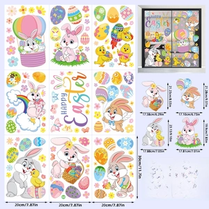 Detail of 9 Easter static window clings with rabbits and eggs shown on a glass door