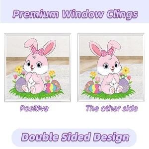 Double sided Easter window cling showing pink cartoon bunny and colorful eggs detail