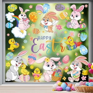 Close-up of Happy Easter window clings with colorful bunnies, eggs, and rainbow elements