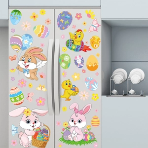 Easter bunny and colorful egg static window clings applied on a refrigerator surface
