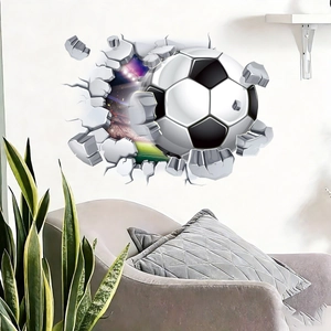 3D football wall decal showing a soccer ball breaking through a wall for home decor