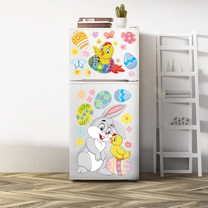 Easter rabbit and rainbow eggs wall decals on a white refrigerator for home decor