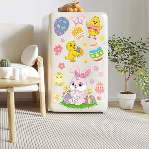 Easter bunny and colorful egg static window stickers displayed on a modern white fridge